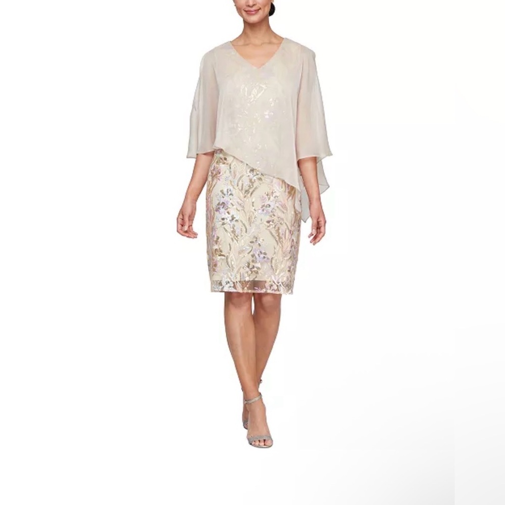 SL Fashions Blush V‑Neck Midi Dress with Metallic Floral Skirt